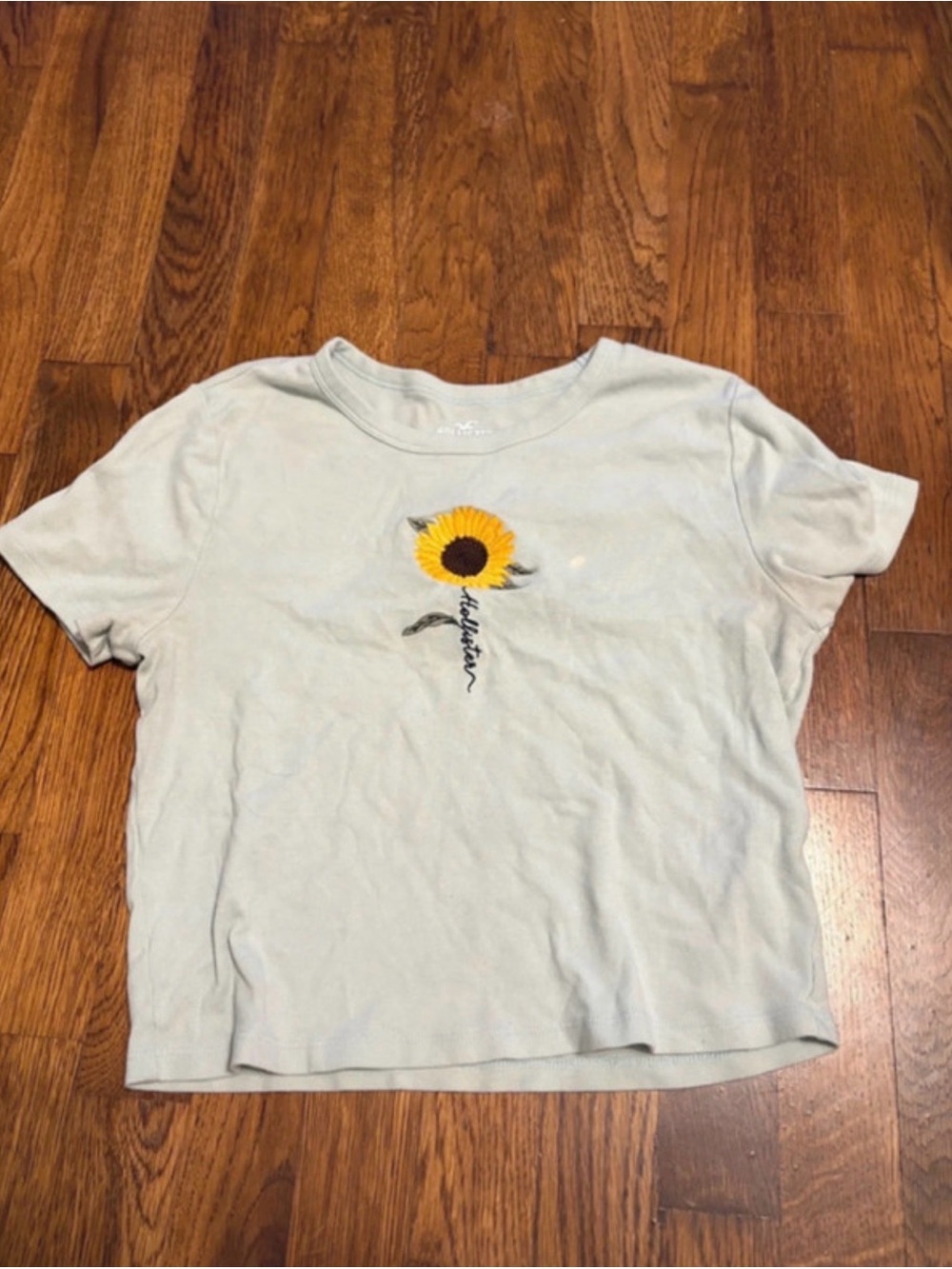 Hollister Light Blue Crop Tee with Sunflower Embroidery